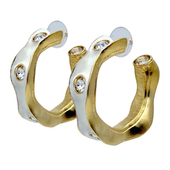 Kenneth Jay Lane 22k Gold Plated White Enamel Hoop Earrings with Crystals - Picture 1 of 9